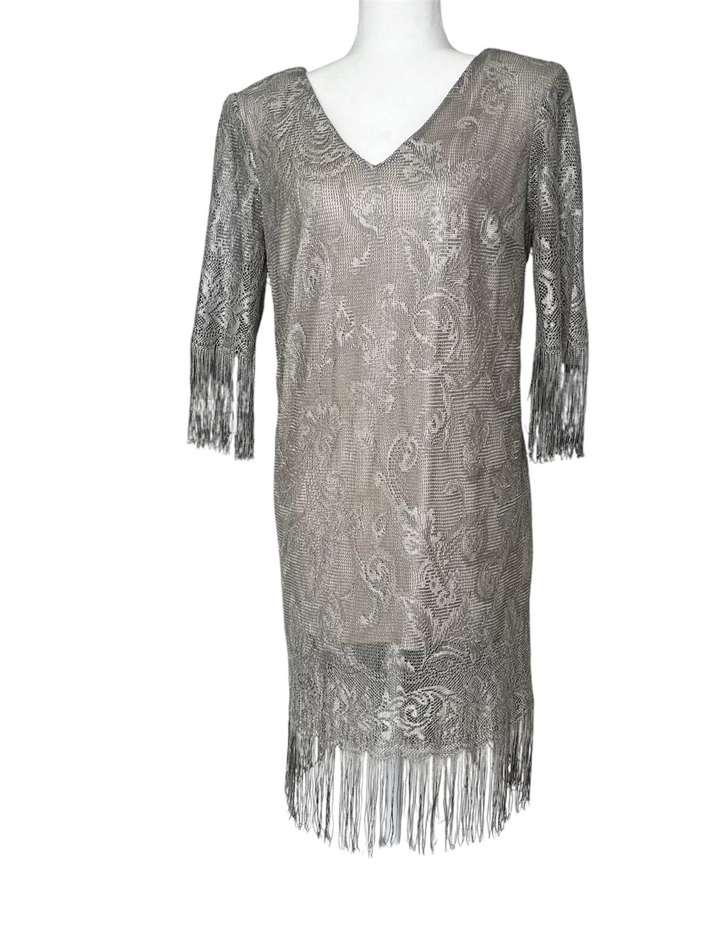 Original Anthony Women 1920s Style Fringed Metallic Lace Shift Dress Silver Sz L